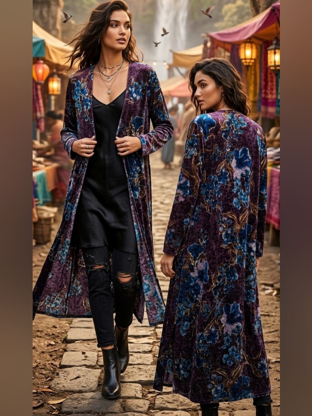 Purple Velvet Floral Burnout Long Duster